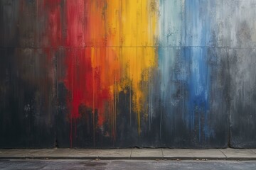 Poster - Charcoal Gray Wall with Large, Flowing Red, Yellow, and Blue Paint Strokes In Abstract Style