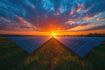 Wall Mural - Solar panels collecting energy at sunset in a green field