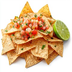 Crunchy tortilla chips with fresh salsa and lime on a white background for vibrant snack presentation