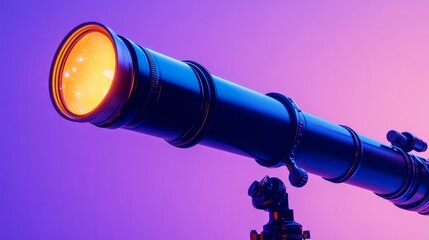 A matte black telescope with glowing details, resting against a soft lavender gradient backdrop