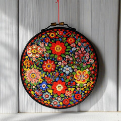 A round piece of folk art showcases vibrant embroidery with floral designs, hanging decoratively against a rustic wooden backdrop. The bright colors bring the artwork to life.