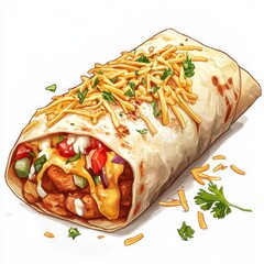 Wall Mural - Delicious and Colorful Burrito with Chicken, Cheese, Fresh Vegetables and Creamy Sauce on a White Background