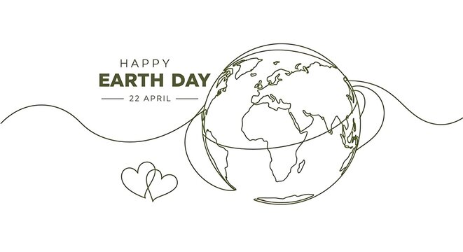 happy earth day banner by green continuous single line drawing heart embrace and world map isolated 