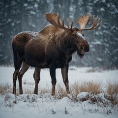 Wall Mural - A moose with enormous antlers standing in a snowy setting