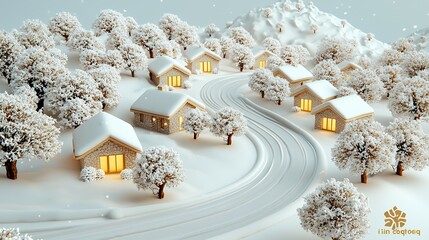 Charming Snow Covered Village at Night: A Peaceful Winter Wonderland Scene