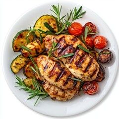 Wall Mural - Grilled Chicken with Herb Garnish and Colorful Vegetables on White Plate