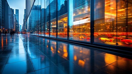 Wall Mural - City street, glass building, night, reflections, urban