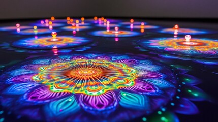 Wall Mural - Colorful mandala floor art installation, glowing, dark background, event decor