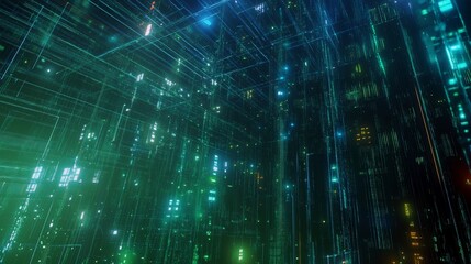 Abstract data network with digital code lines and glowing elements on dark background