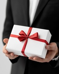 A person in a suit presents a beautifully wrapped gift with a red ribbon, symbolizing celebration and thoughtful giving.