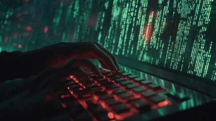 Hacker Typing Code, Dark Room, Digital Matrix, Cybersecurity Threat