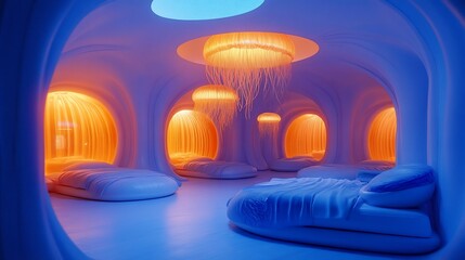 Wall Mural - Futuristic bedroom, glowing arches,  bioluminescent lighting, sleep pods