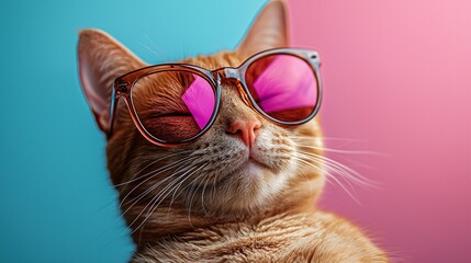 Wall Mural - Cat In Cool Sunglasses Against Blue And Pink Background  Ginger Tabby Looking Upward.