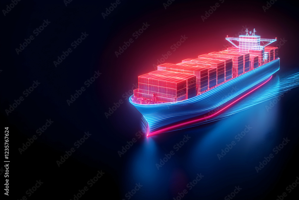 Futuristic cargo ship illuminated with neon lights, creating a stunning ...