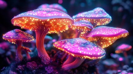 Wall Mural - Glowing mushrooms, fantasy forest, night scene, digital art, game asset