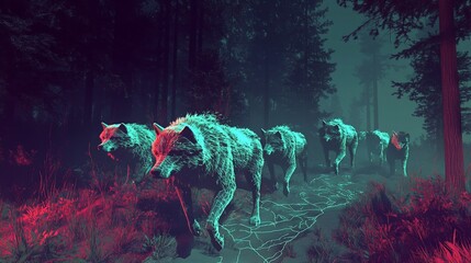 Wall Mural - Glowing wolves patrol misty forest path; gaming, fantasy