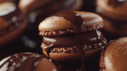 Wall Mural - Chocolate macarons with rich filling, dripping melted chocolate