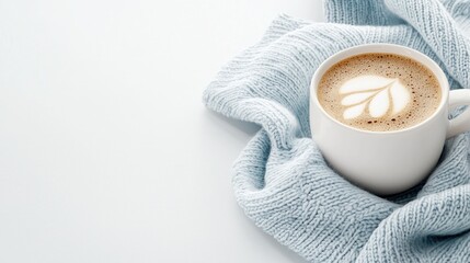 Wall Mural - Cozy latte art coffee, winter scarf, white background