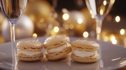 Sticker - Festive golden macarons with cream filling on plate