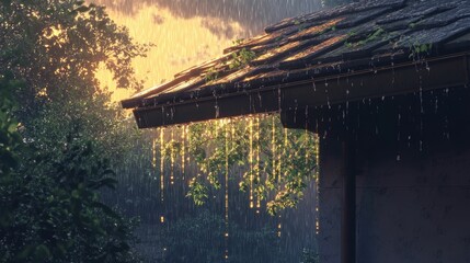 Poster - Golden rain illuminates lush foliage, cascading from roof.