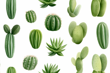 Wall Mural - A vibrant collection of various green cacti and succulents, showcasing unique shapes and textures against a clean white background. Perfect for botanical designs and decor.