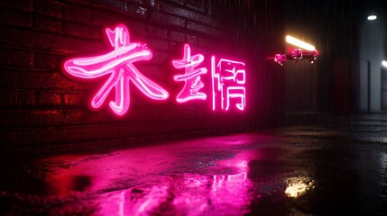 Wall Mural - Neon sign alleyway, night, rain, reflection, cyberpunk