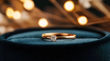 A close-up of an elegant gold ring featuring a sparkling diamond, displayed on a velvet cushion with decorative lights in the background.