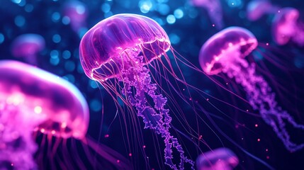 Wall Mural - Pink jellyfish underwater, glowing ocean, marine life, screensaver