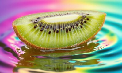 Wall Mural - Vibrant kiwi slice in colorful water