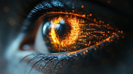 Fiery digital code in eye, dark background, futuristic concept