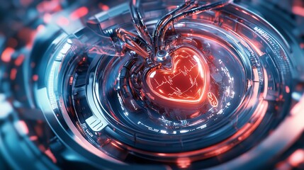 Wall Mural - A digital model of a human heart, floating in mid-air, with glowing holographic layers displaying its inner workings. Medical science, sleek, vibrant.