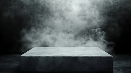 Wall Mural - gray textured concrete platform, podium or table with smoke in the dark empty table with smoke