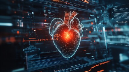 Wall Mural - A digital model of a human heart, floating in mid-air, with glowing holographic layers displaying its inner workings. Medical science, sleek, vibrant.