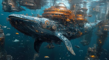 Wall Mural - Steampunk whale city, underwater scene, fantasy art, book cover