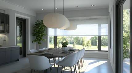 Sticker - Modern dining room, sunlit, peaceful view.