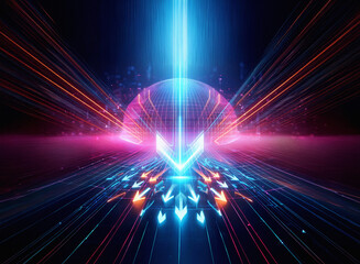 Wall Mural - a mesmerizing double exposure of a futuristic cityscape. glowing neon lines converge on a central, t