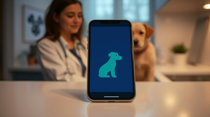 Phone veterinary app. ockup, veterinary doctor with a doc in the background