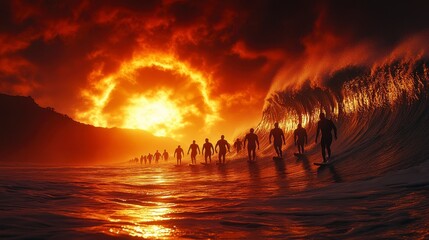 fiery sunset surfers ocean wave apocalyptic