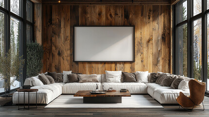 Wall Mural - Modern Rustic Living Room with Mockup: A spacious, modern living room featuring a cozy sectional sofa in front of a dramatic rustic wood-paneled wall with large windows.