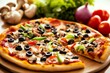 © artwiyanastudio - Delicious veggie and meat pizza with one slice removed,  served on wooden board with fresh vegetables.