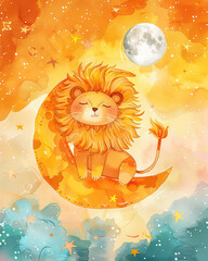 Wall Mural - a cute cartoon lion with a golden mane sitting on a crescent moon