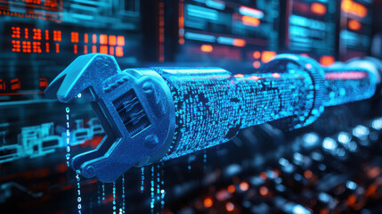 futuristic workshop scene featuring digital wrench with glowing binary code