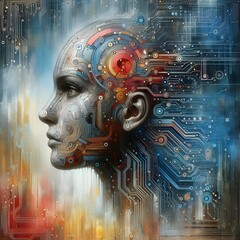 Wall Mural - a surreal portrait where traditional acrylic painting blends into an abstract digital collage filled