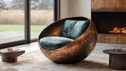 Wall Mural - Modern lounge chair with a unique spherical design, featuring plush teal upholstery, set in a stylish, cozy interior with a warm fireplace ambiance. Perfect for contemporary decor.