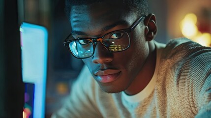 Young programmer working on computer code, focusing on screen