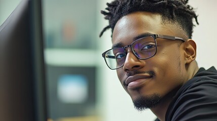 Young programmer working on computer code, focusing on screen