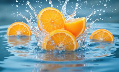 Wall Mural - Juicy orange slices splashing in water