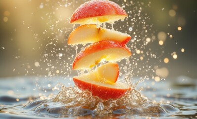 Wall Mural - Sliced apple splashing in water