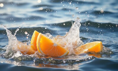 Wall Mural - Fresh oranges splashing in water