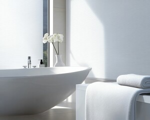 Poster - Serene white bathroom, modern bathtub, sunlight.